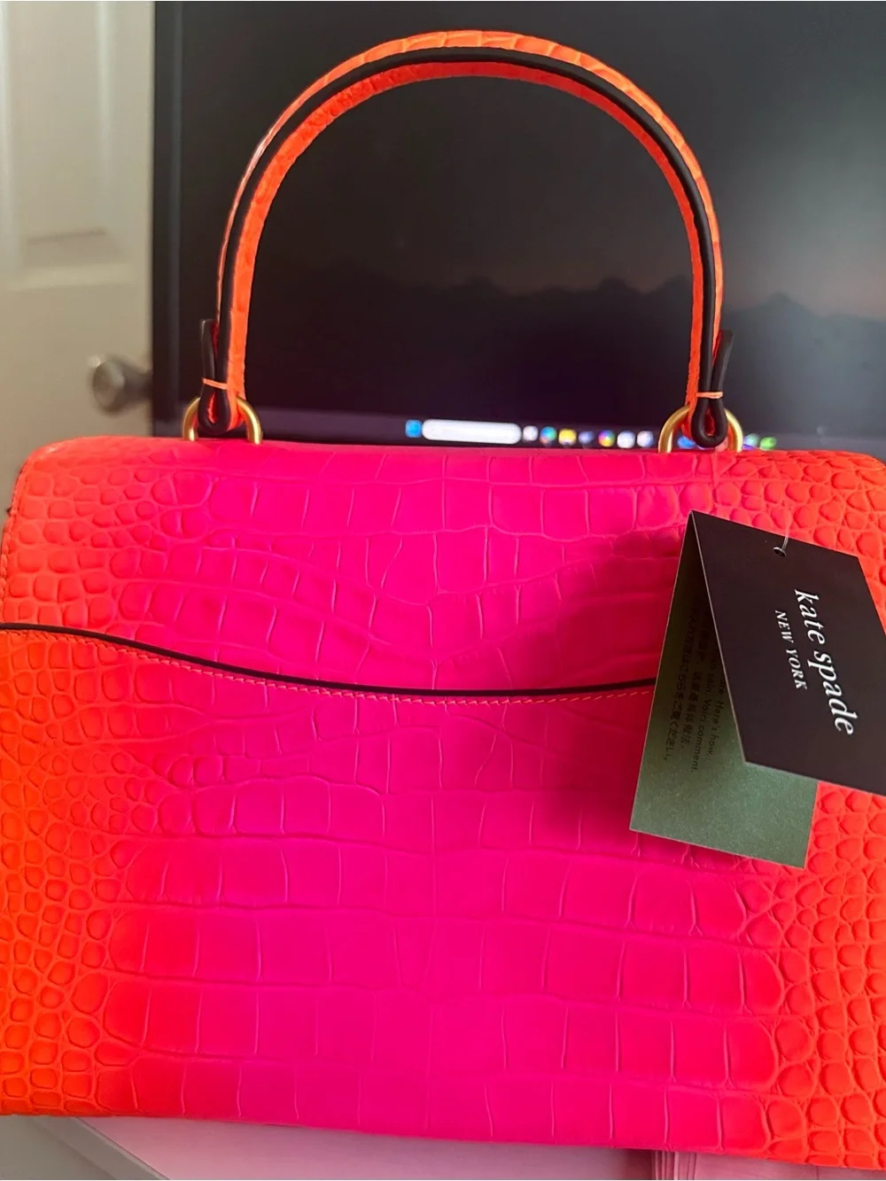 kate spade Hot Pink Croc-Embossed Top Handle Satchel with Gold Hardware